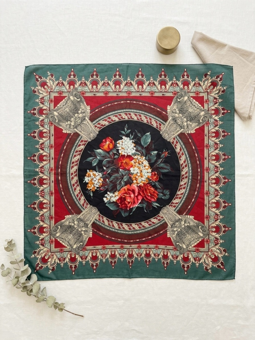 Vintage 80s Baroque Renaissance Floral Square Scarf Green Red Cream Gold Cottage - Picture 2 of 12
